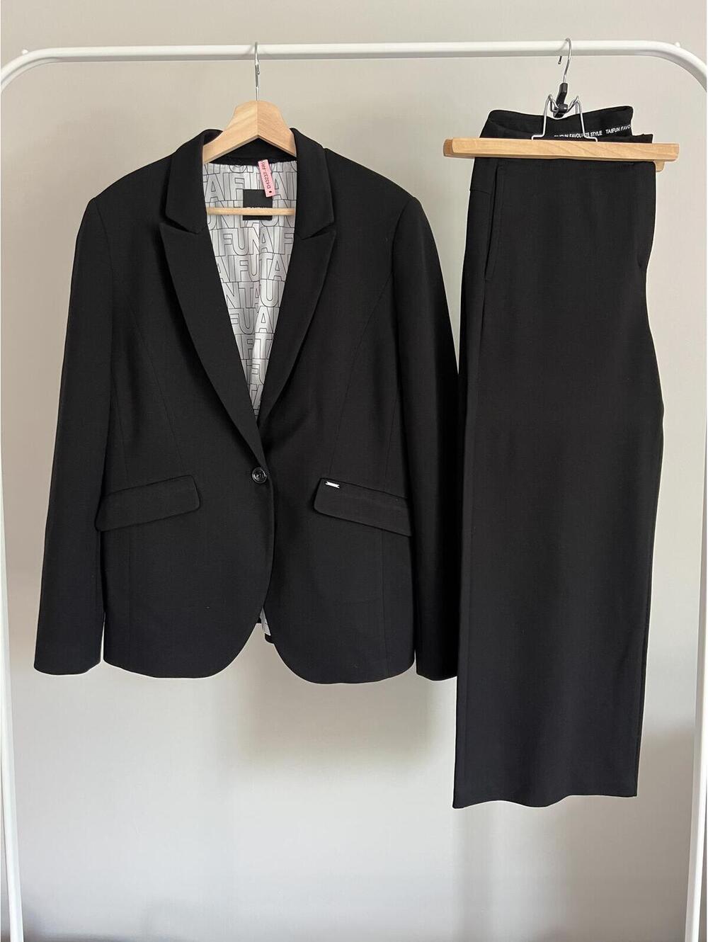 Taifun European Black Two-Piece Pantsuit, Blazer & Wide Leg Trousers Set, Sz 12